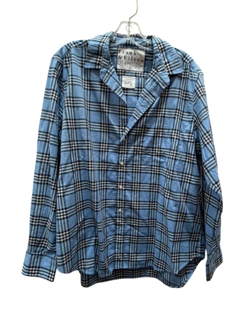 FRANK & EILEEN Button Down Top Blouse Plaid Check Blue L